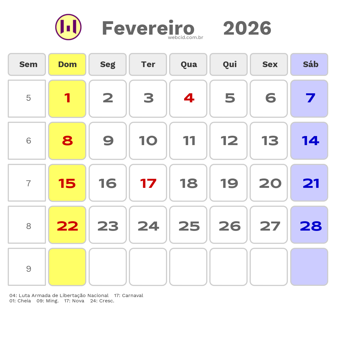 Calendário 2026 - Fevereiro - Angola com feriados e fases da lua