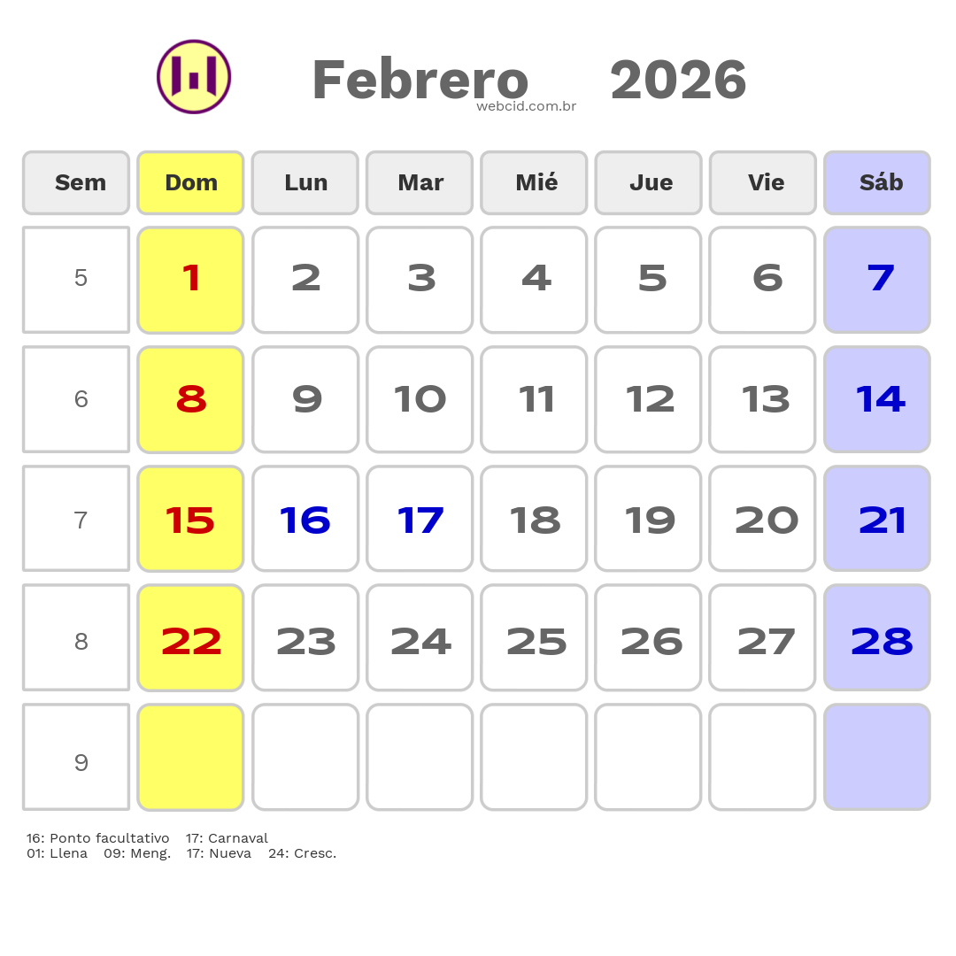 Calendario 2026 - Febrero - Argentina com feriados e fases da lua