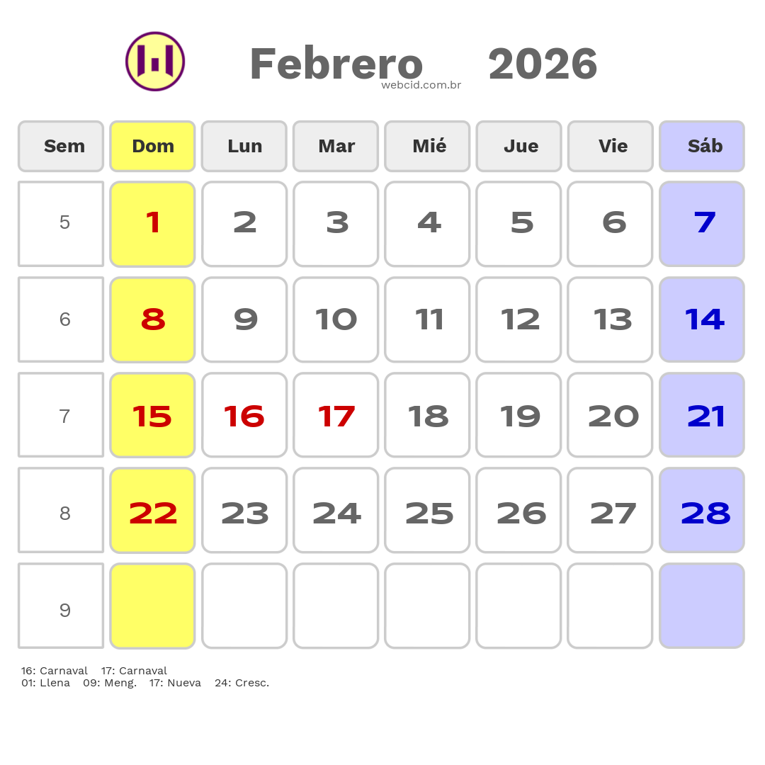 Calendario 2026 - Febrero - Bolívia com feriados e fases da lua
