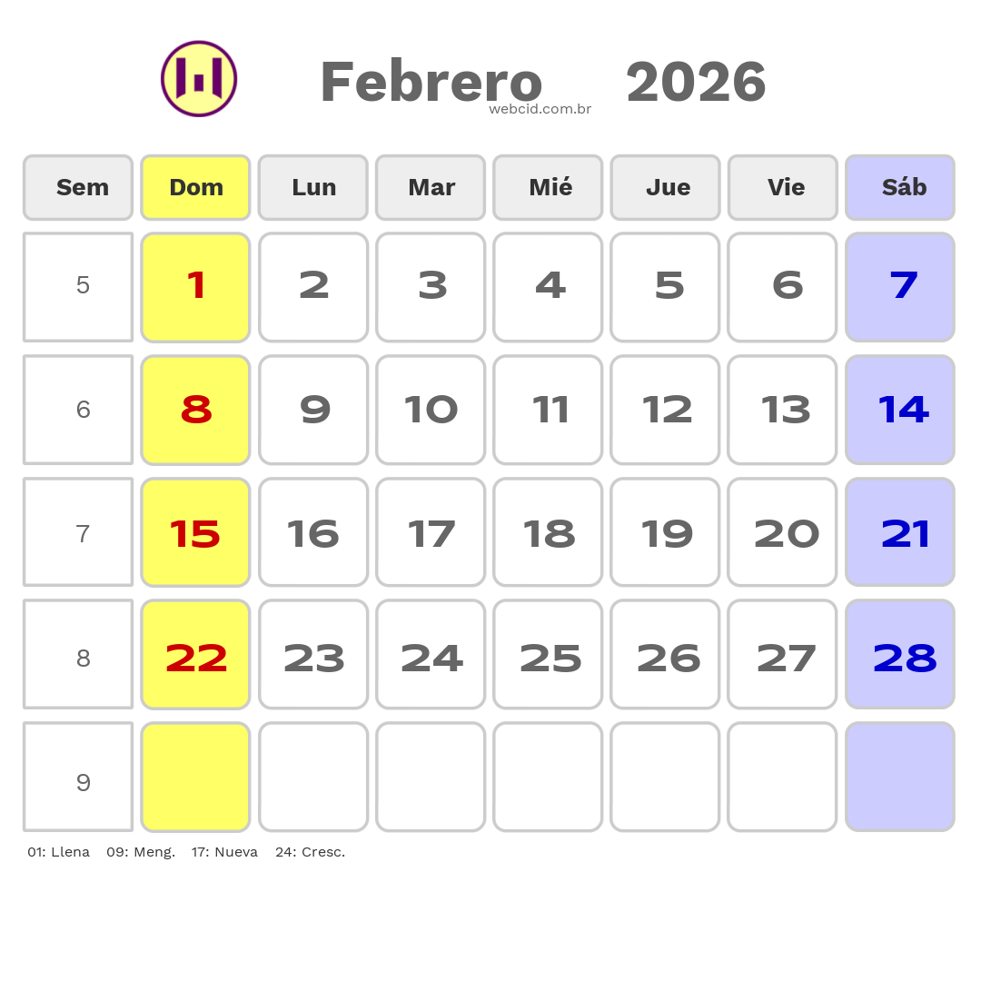 Calendario 2026 - Febrero - Chile com feriados e fases da lua
