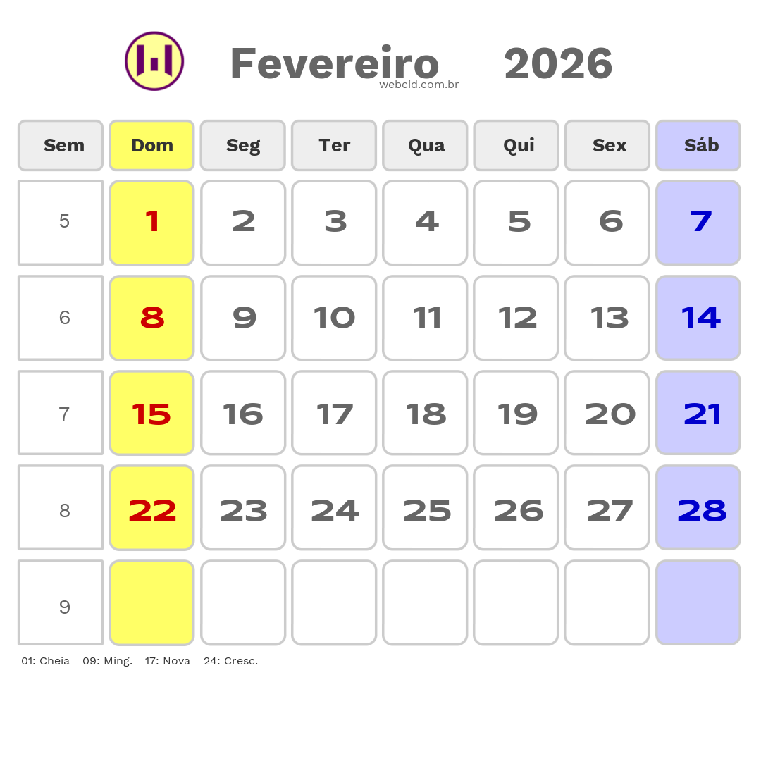 Calendário 2026 - Fevereiro - Copa do Mundo FIFA com feriados e fases da lua