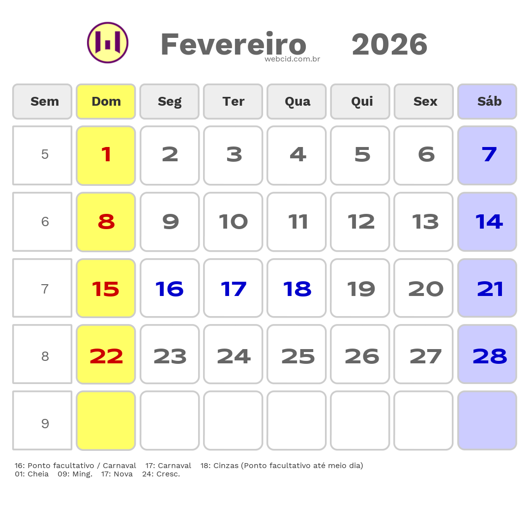 Calendário 2026 - Fevereiro - Serra-ES com feriados e fases da lua