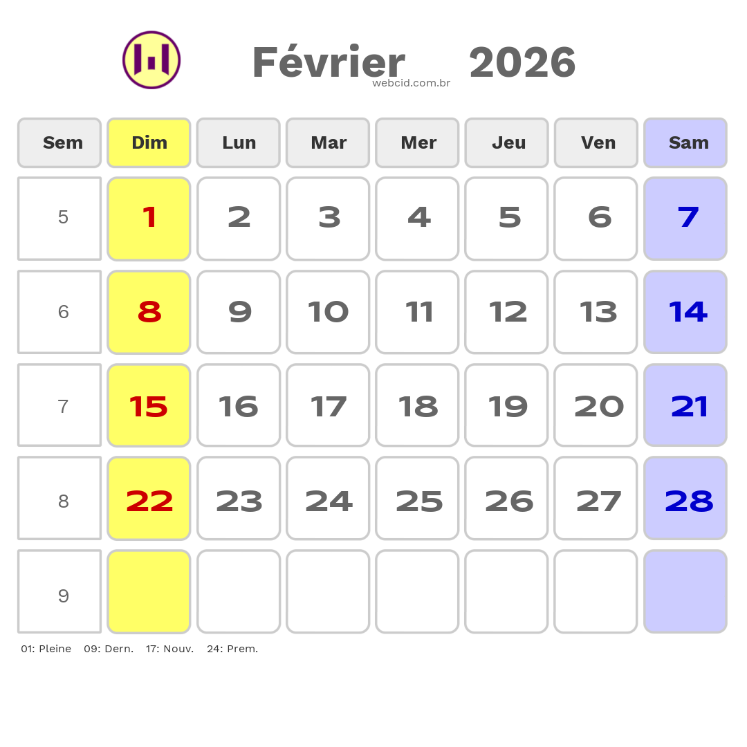 Calendrier 2026 - Février - La France com feriados e fases da lua