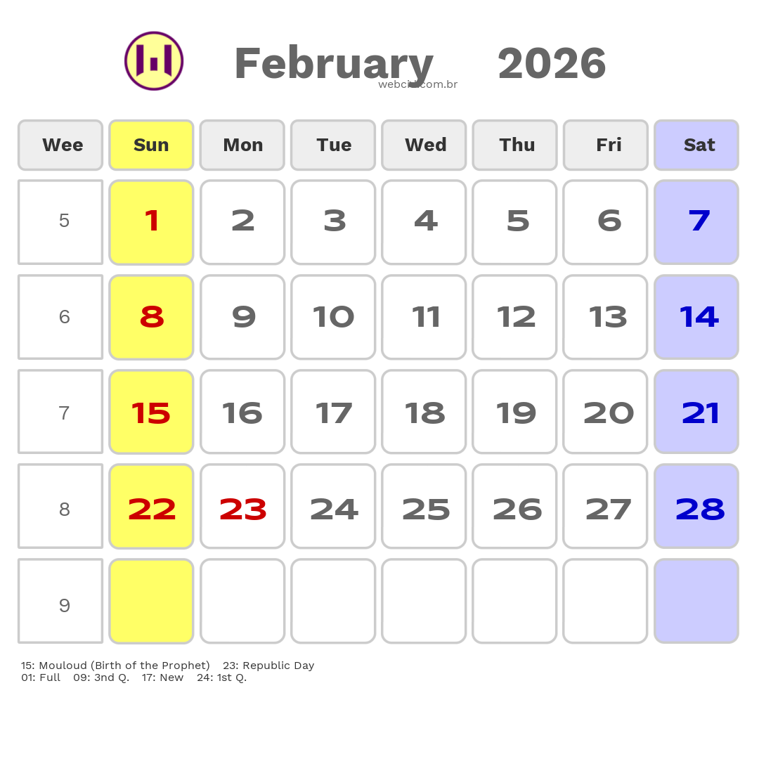 Calendar 2026 - February - Guyana com feriados e fases da lua