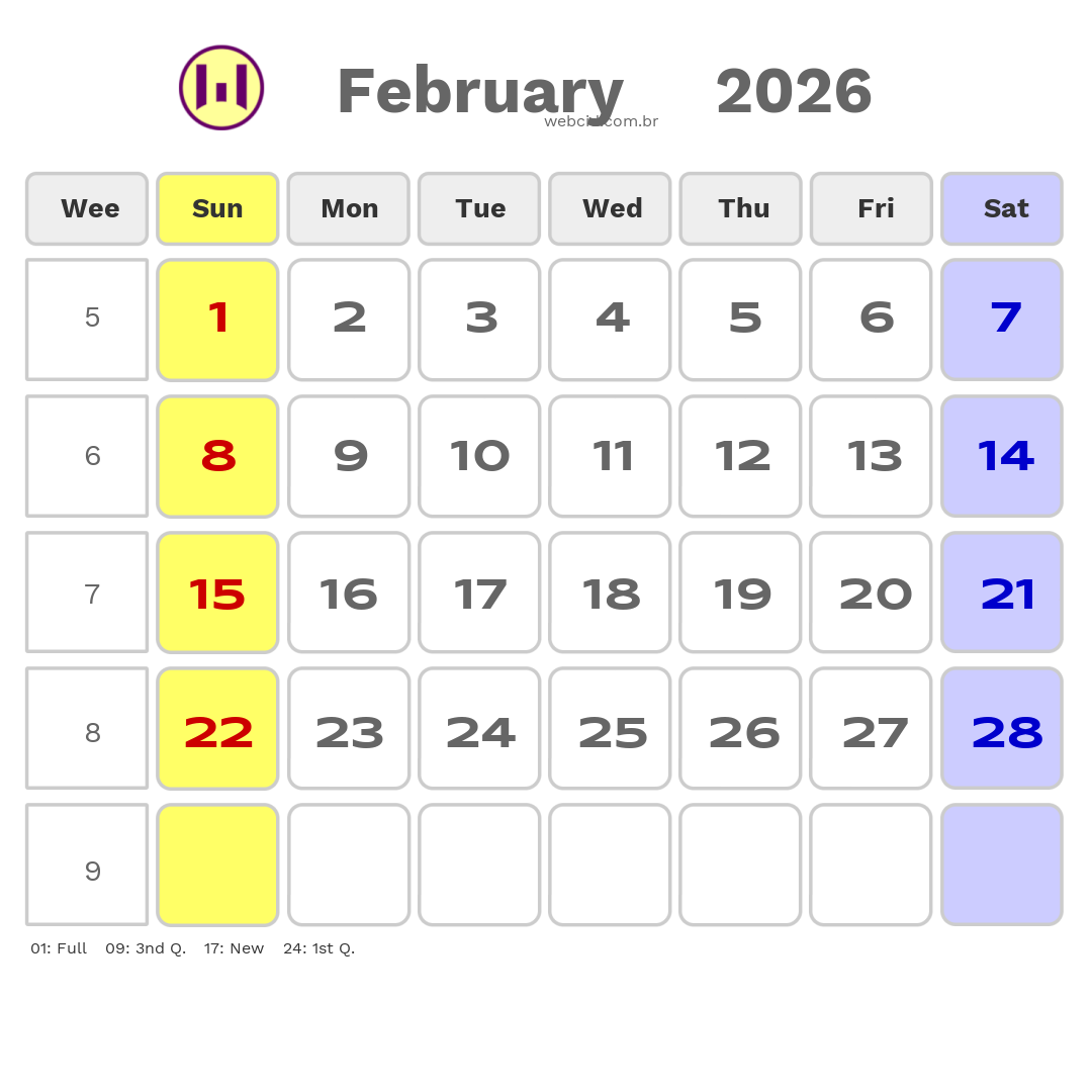 Calendar 2026 - February - Inglaterra com feriados e fases da lua
