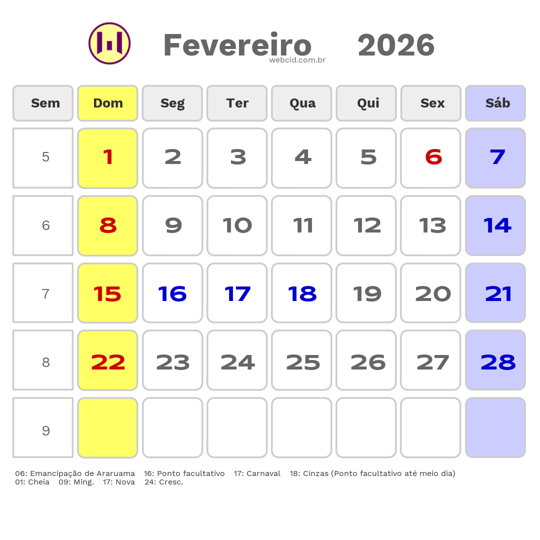 Calendário 2026 - Fevereiro - Araruama-RJ com feriados e fases da lua