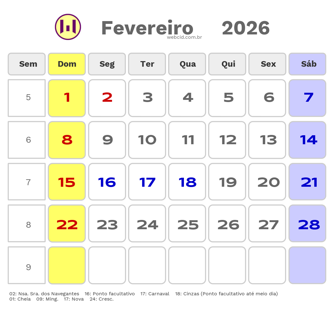 Calendário 2026 - Fevereiro - Rio Grande-RS com feriados e fases da lua