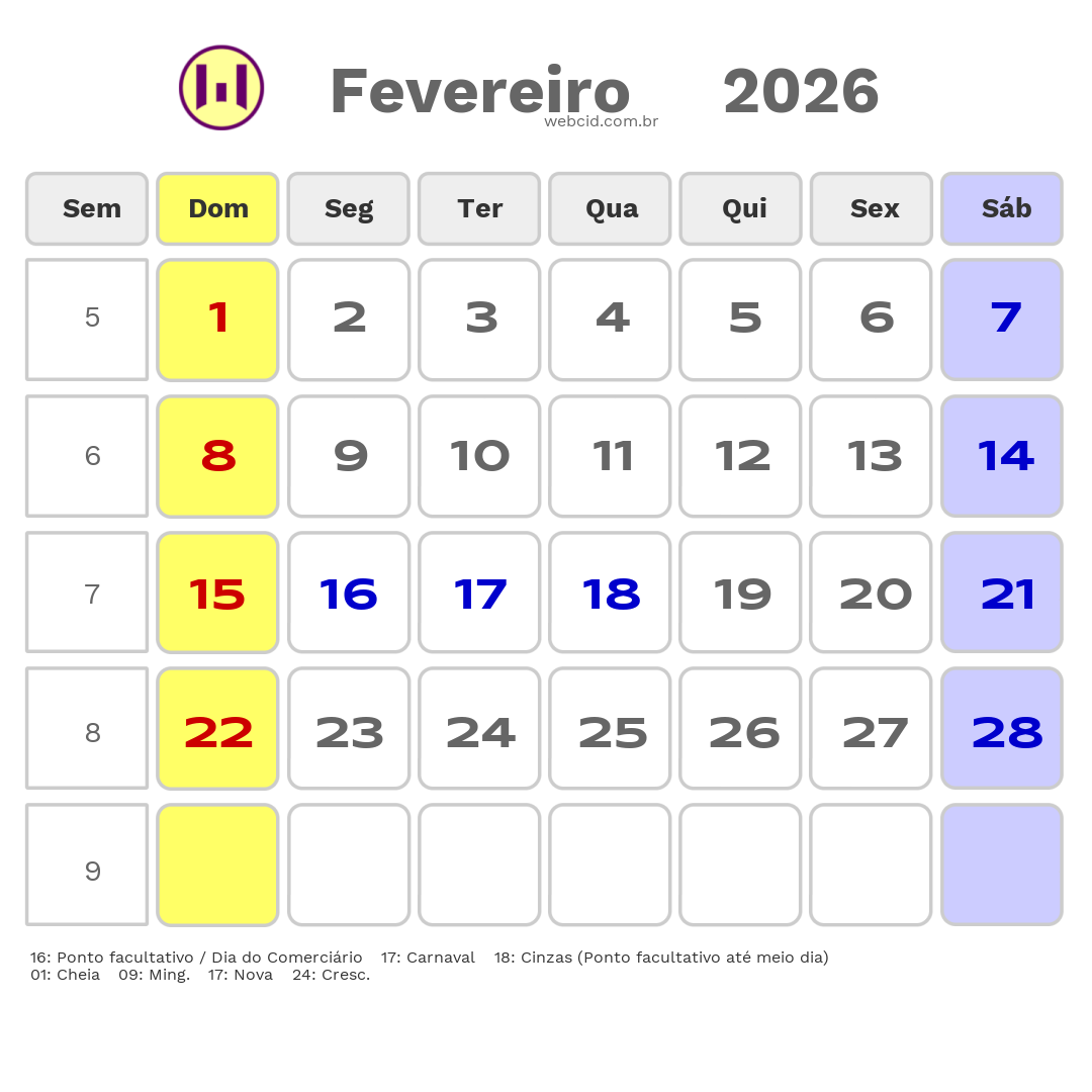 Calendário 2026 - Fevereiro - Cacoal-RO com feriados e fases da lua