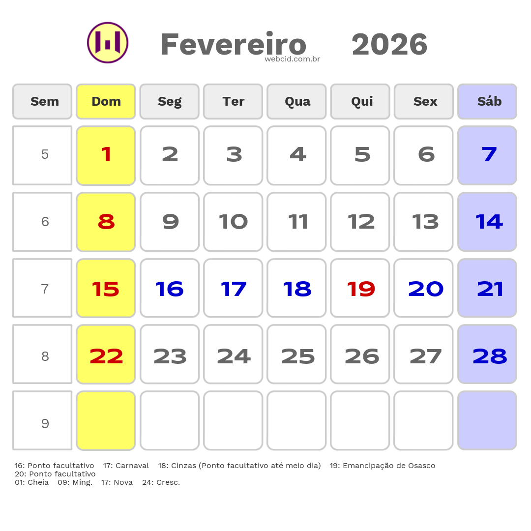 Calendário 2026 - Fevereiro - Osasco-SP com feriados e fases da lua