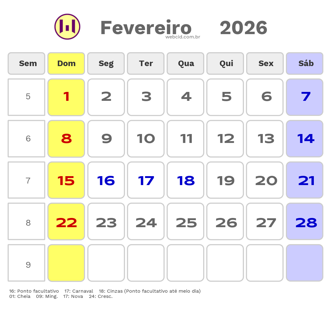 Calendário 2026 - Fevereiro - Santana de Parnaiba-SP com feriados e fases da lua