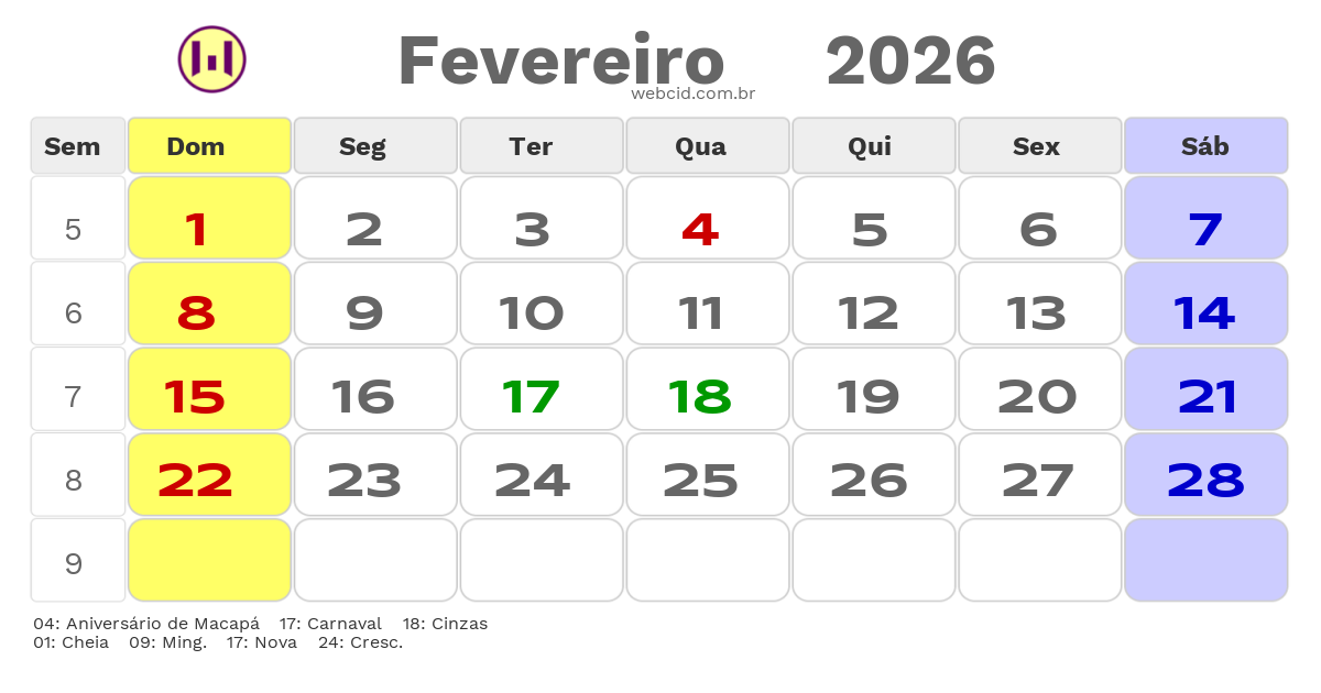 Calendário 2026 - Fevereiro - Macapá-AP com feriados e fases da lua