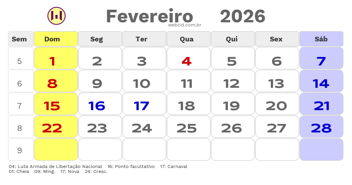 Calendário 2026 - Fevereiro - Angola com feriados e fases da lua