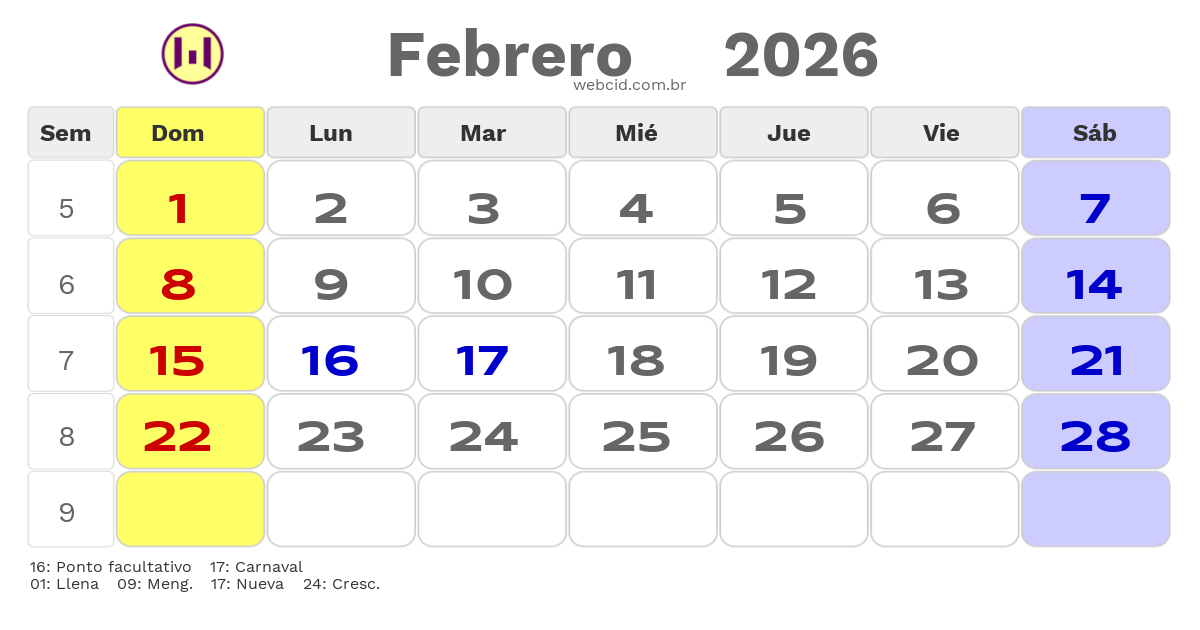 Calendario 2026 - Febrero - Argentina com feriados e fases da lua