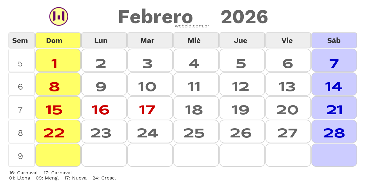 Calendario 2026 - Febrero - Bolívia com feriados e fases da lua