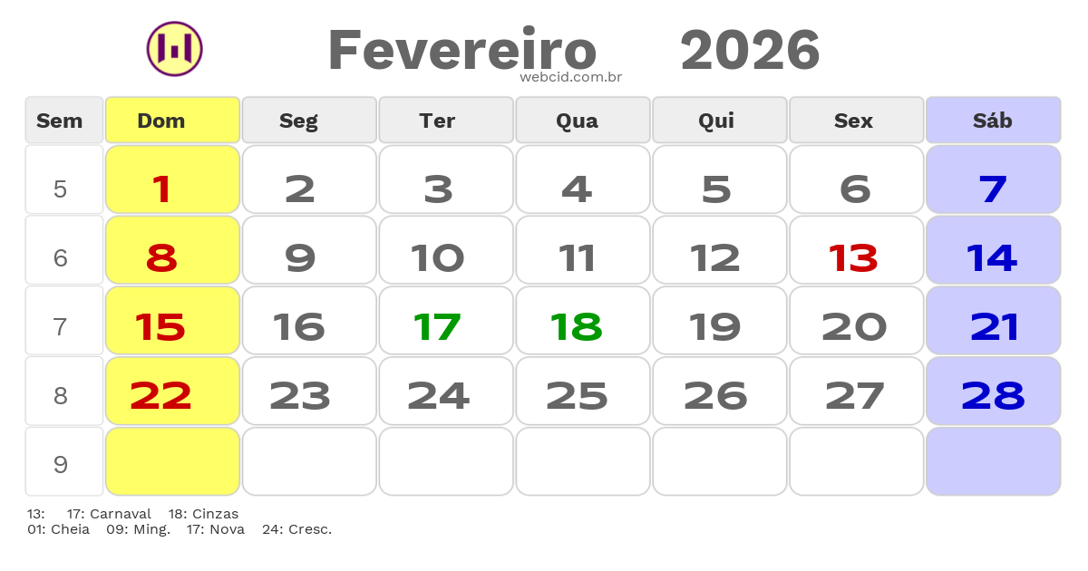 Calendário 2026 - Fevereiro - Aquiraz-CE com feriados e fases da lua