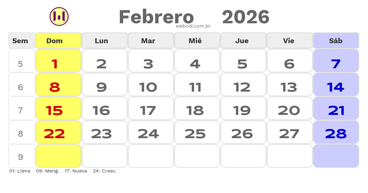 Calendario 2026 - Febrero - Chile com feriados e fases da lua