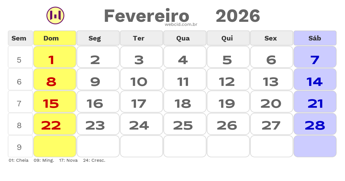 Calendário 2026 - Fevereiro - Copa do Mundo FIFA com feriados e fases da lua