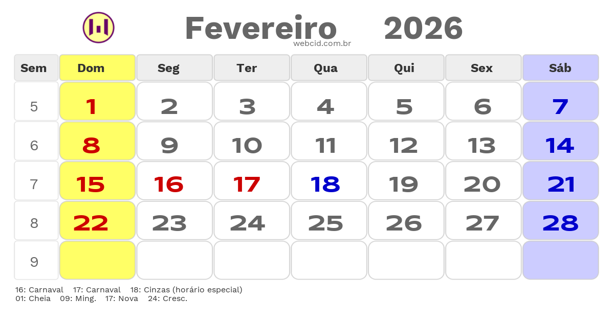 Calendário 2026 - Fevereiro - Feriados Bancários com feriados e fases da lua