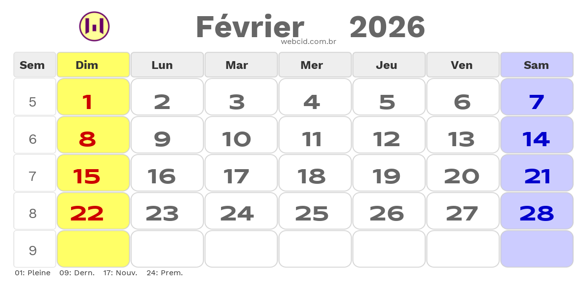 Calendrier 2026 - Février - La France com feriados e fases da lua