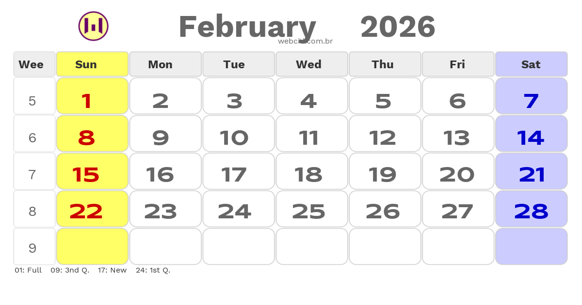 Calendar 2026 - February - Inglaterra com feriados e fases da lua