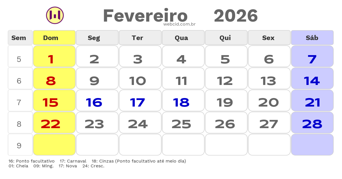 Calendário 2026 - Fevereiro - Sorriso-MT com feriados e fases da lua