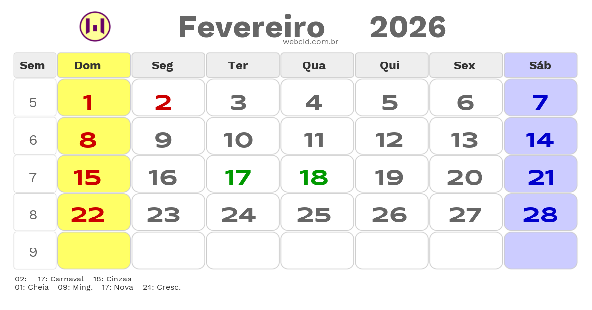 Calendário 2026 - Fevereiro - Jacarau-PB com feriados e fases da lua