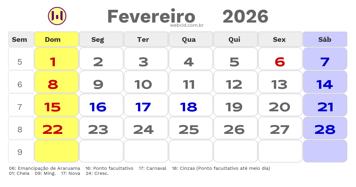 Calendário 2026 - Fevereiro - Araruama-RJ com feriados e fases da lua