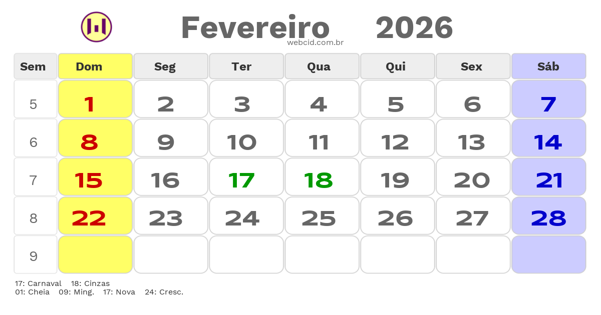 Calendário 2026 - Fevereiro - Rio de Janeiro com feriados e fases da lua