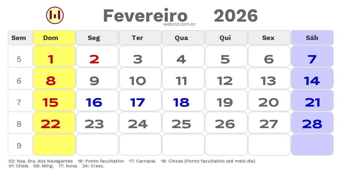 Calendário 2026 - Fevereiro - Porto Alegre-RS com feriados e fases da lua