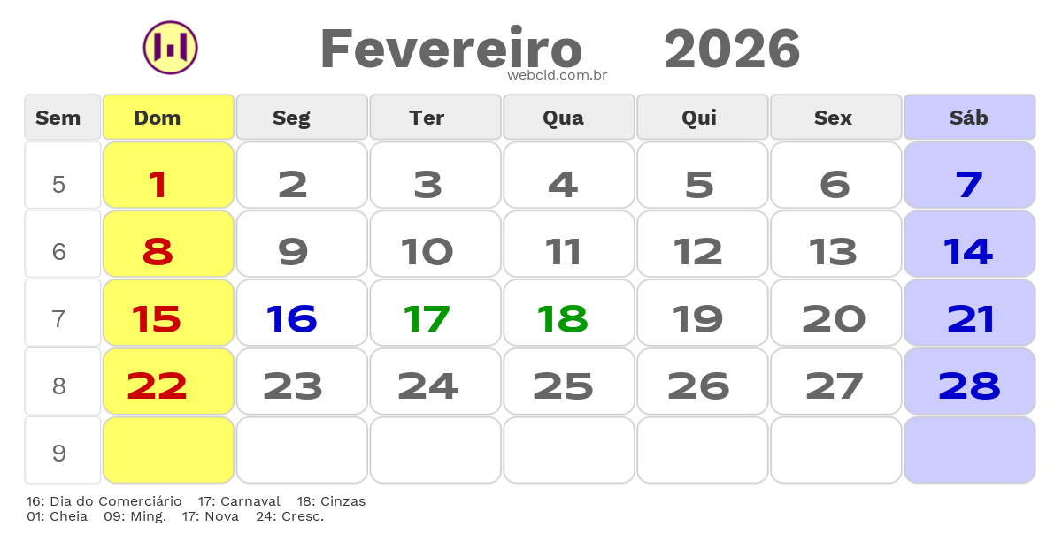 Calendário 2026 - Fevereiro - Vilhena-RO com feriados e fases da lua