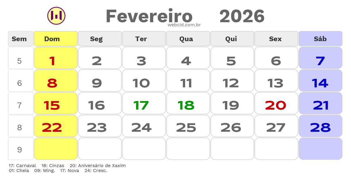 Calendário 2026 - Fevereiro - Xaxim-SC com feriados e fases da lua