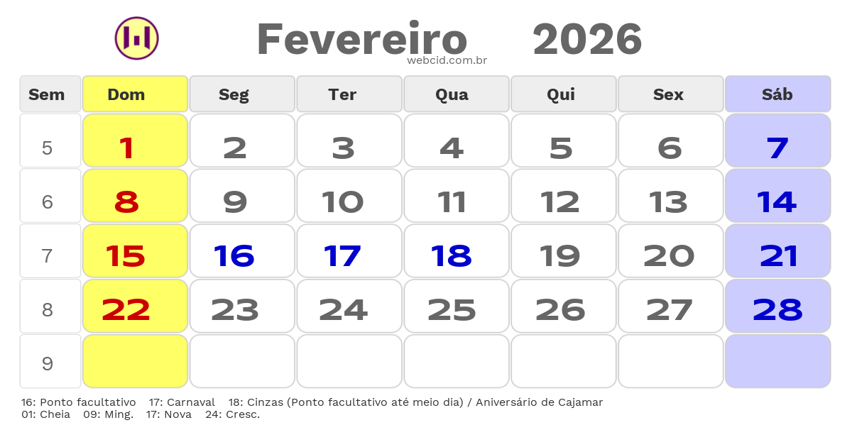 Calendário 2026 - Fevereiro - Cajamar-SP com feriados e fases da lua