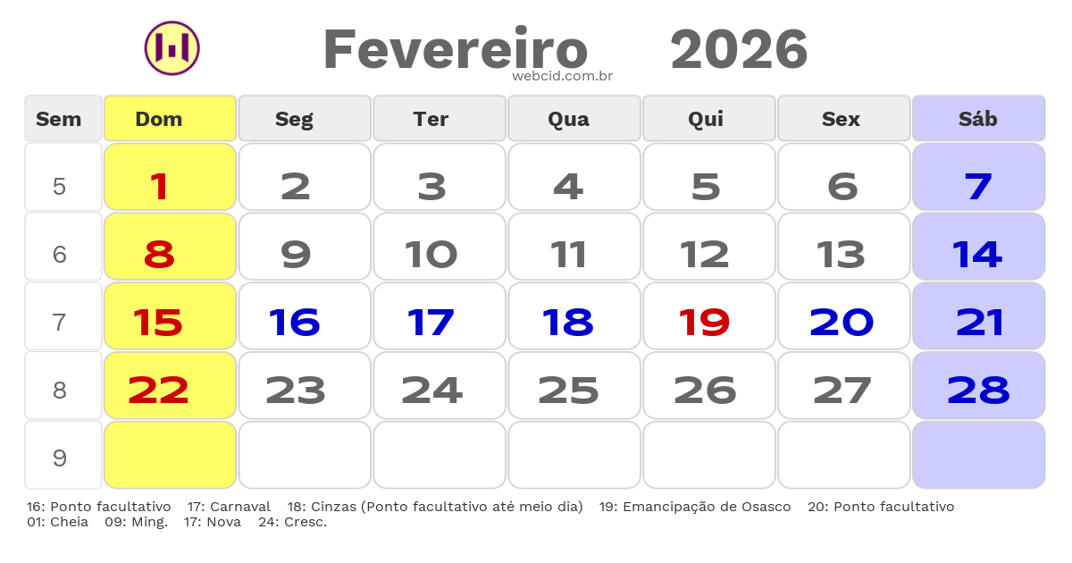 Calendário 2026 - Fevereiro - Osasco-SP com feriados e fases da lua