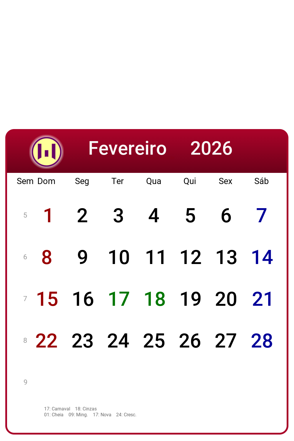 Calendário 2026 - Fevereiro - Brasil com feriados e fases da lua