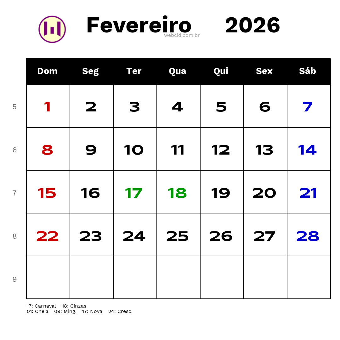 Calendário 2026 - Fevereiro - Brasil com feriados e fases da lua
