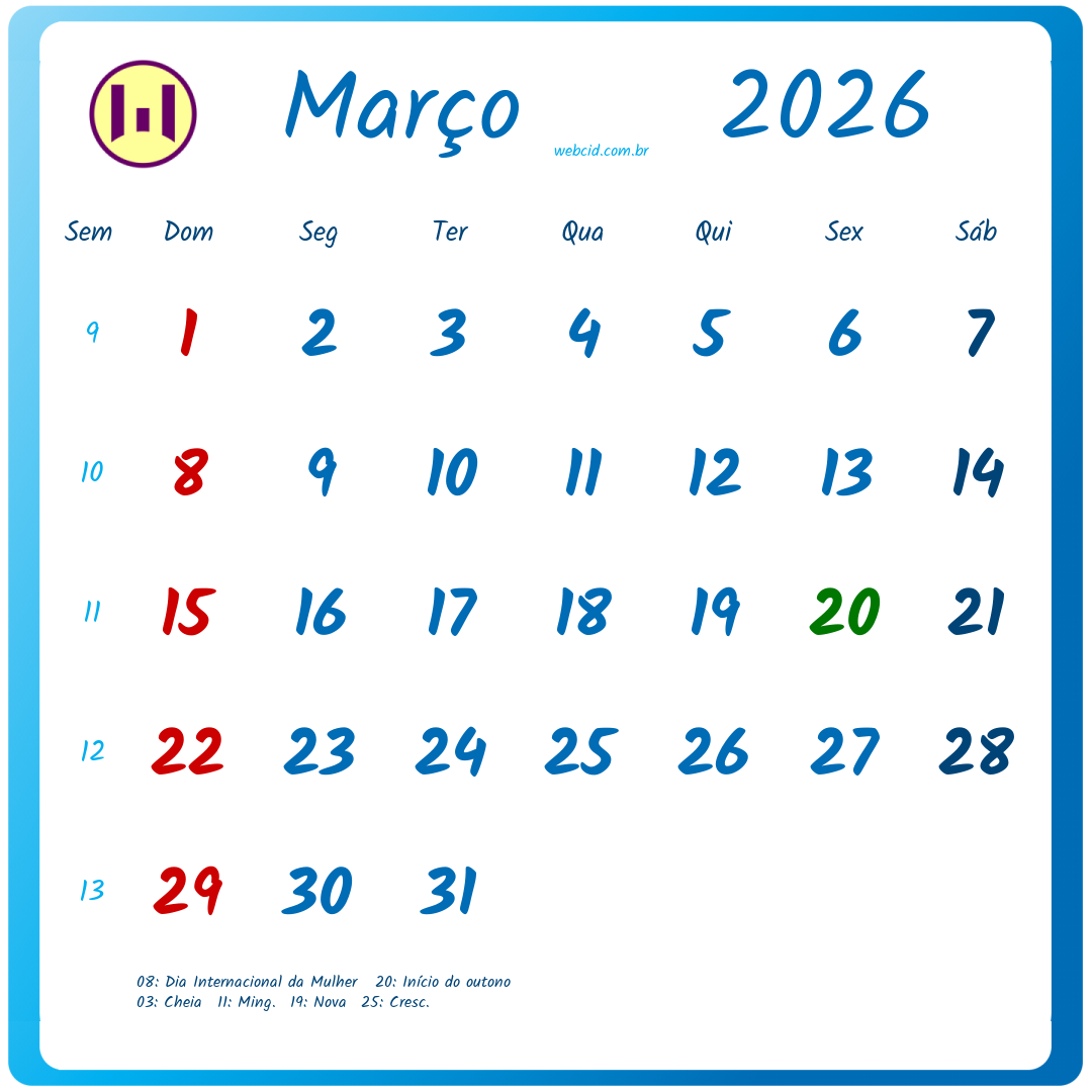 Calendário 2026 - Março - Brasil com feriados e fases da lua