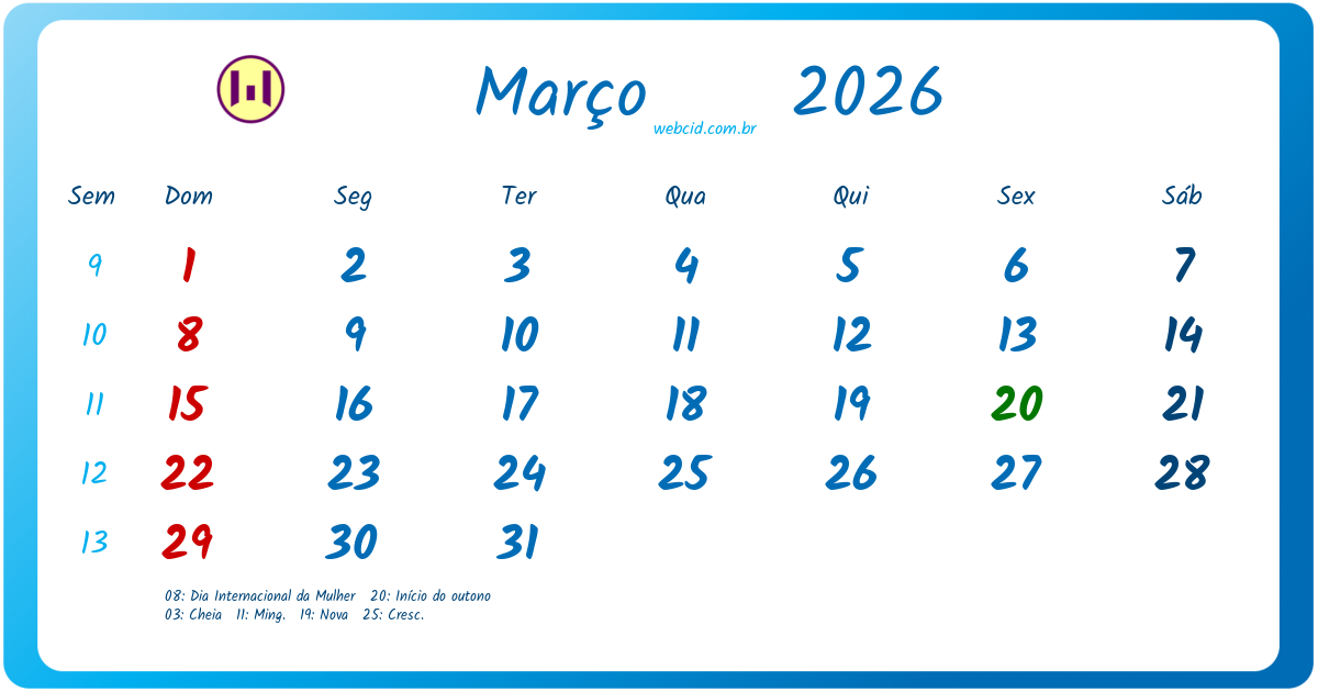 Calendário 2026 - Março - Brasil com feriados e fases da lua