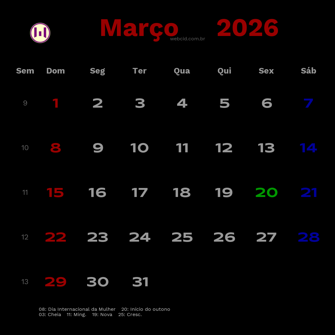 Calendário 2026 - Março - Brasil com feriados e fases da lua