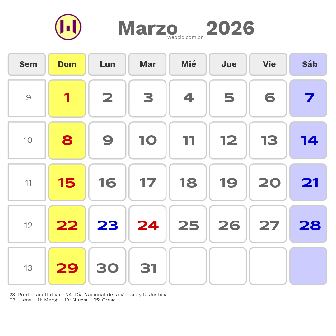 Calendario 2026 - Marzo - Argentina com feriados e fases da lua