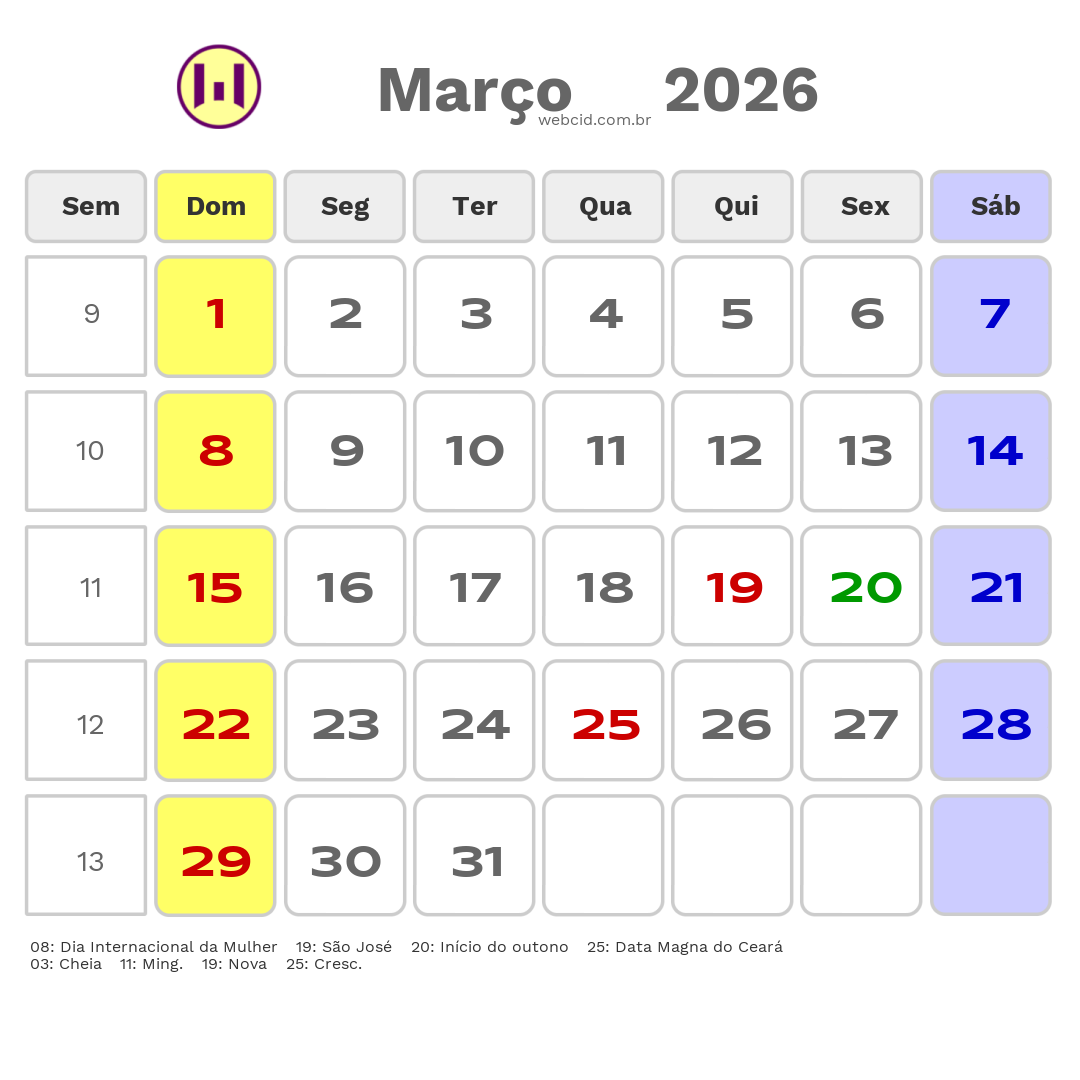 Calendário 2026 - Março - Guaiuba-CE com feriados e fases da lua