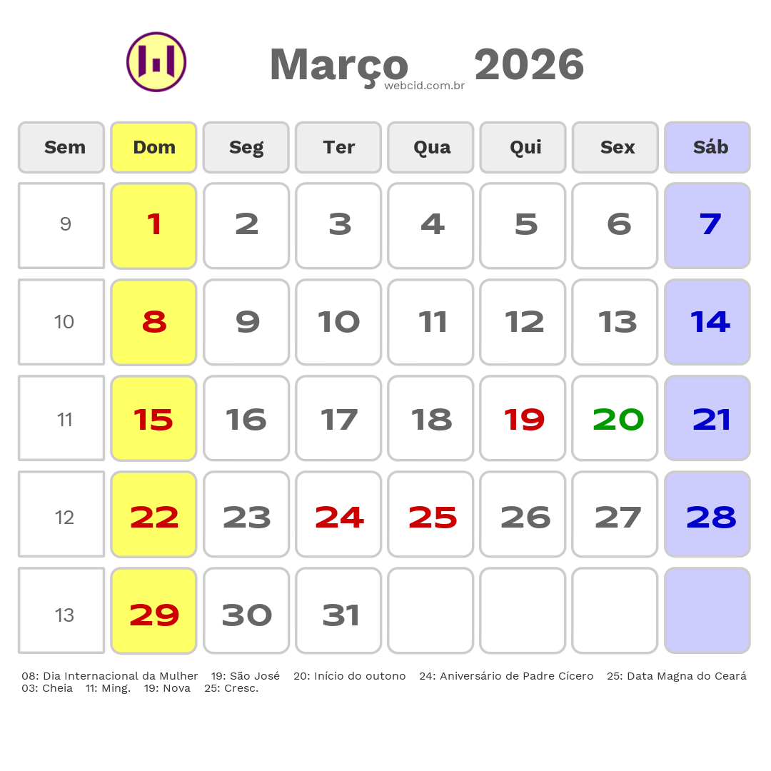 Calendário 2026 - Março - Juazeiro do Norte-CE com feriados e fases da lua
