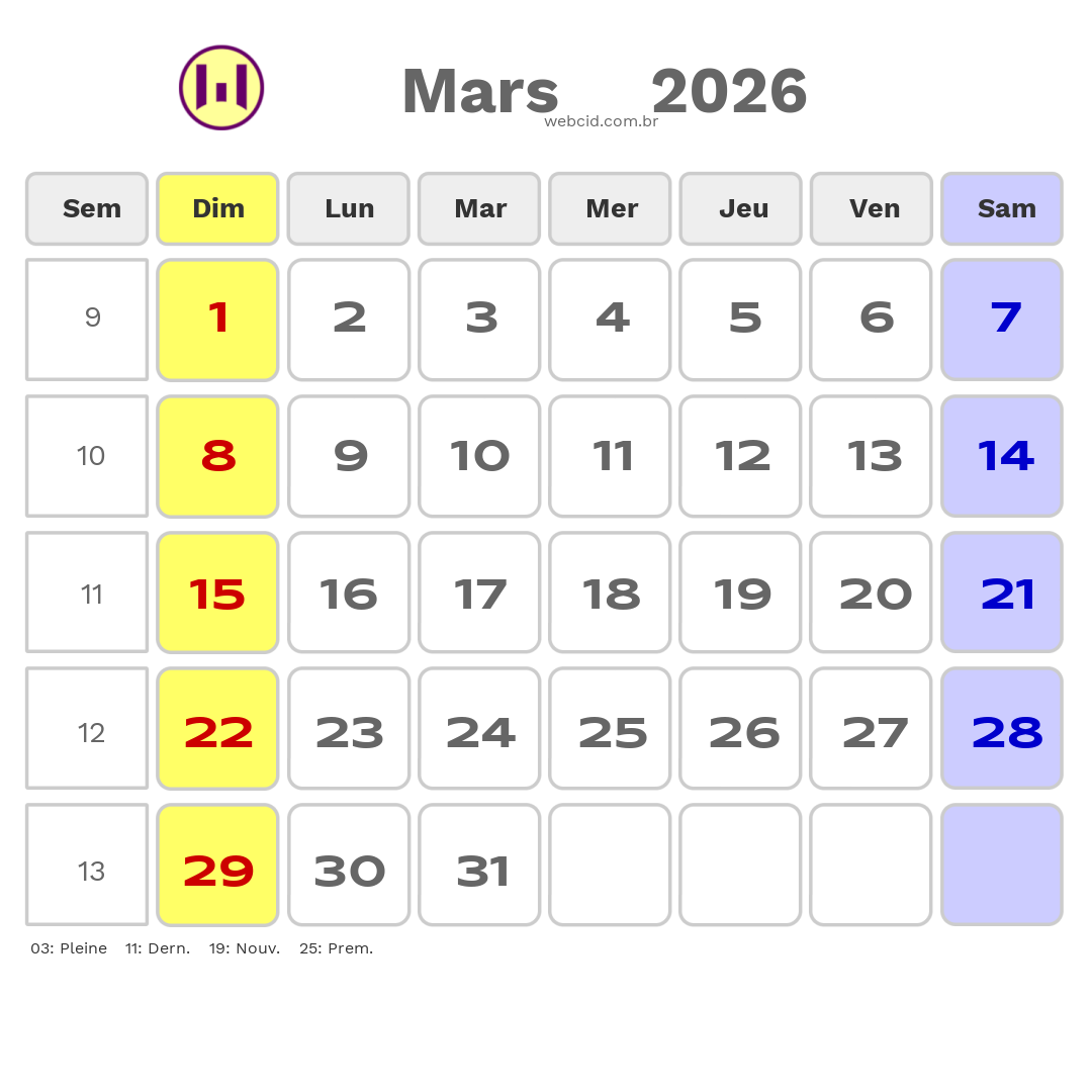 Calendrier 2026 - Mars - La France com feriados e fases da lua