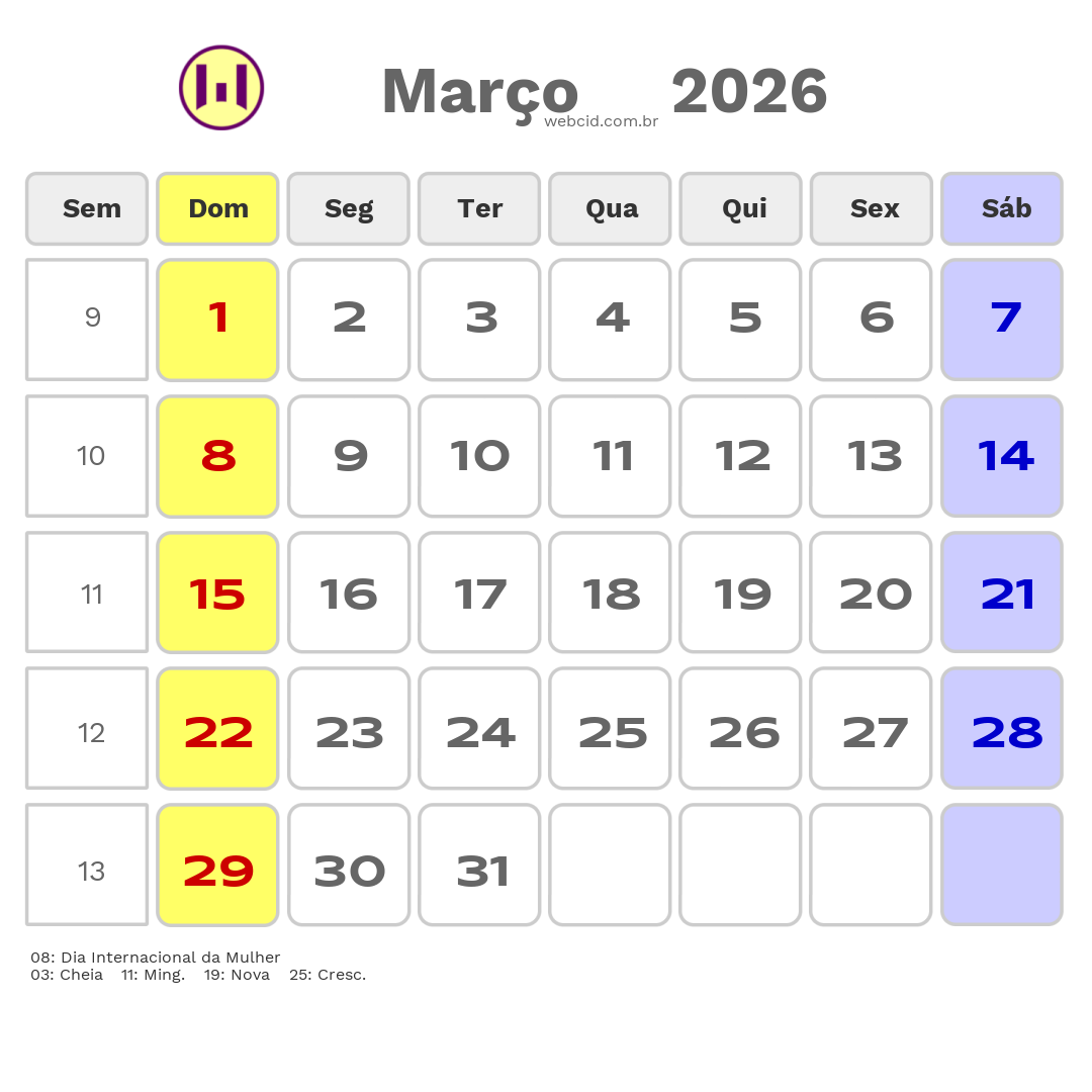 Calendário 2026 - Março - Guiné-Bissau com feriados e fases da lua