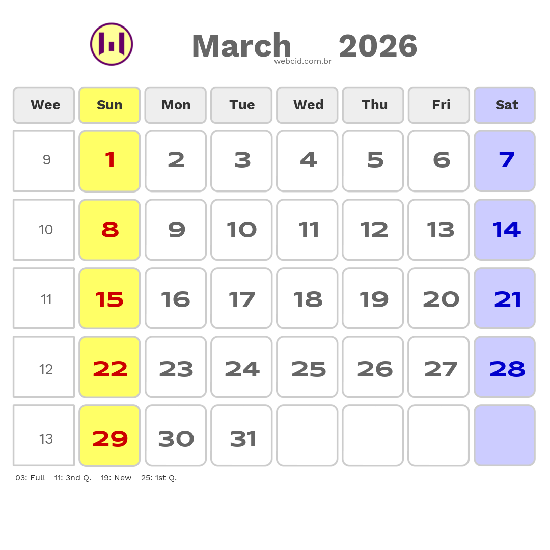 Calendar 2026 - March - Inglaterra com feriados e fases da lua