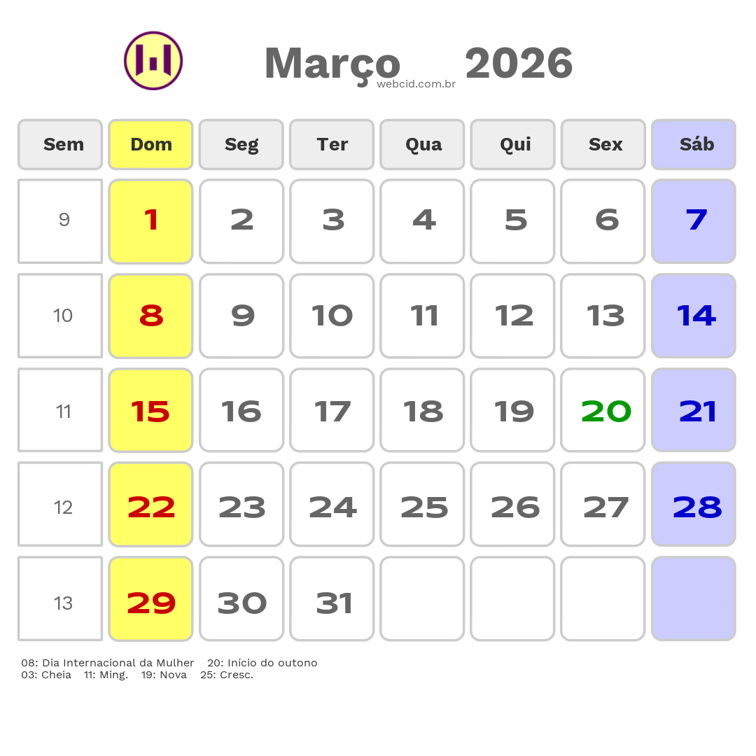 Calendário 2026 - Março - Jacarau-PB com feriados e fases da lua