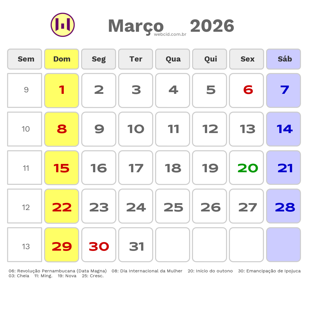 Calendário 2026 - Março - Ipojuca-PE com feriados e fases da lua