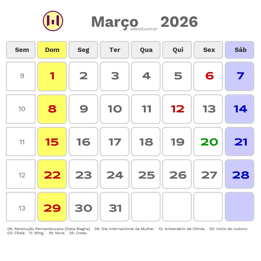 Calendário 2026 - Março - Olinda-PE com feriados e fases da lua