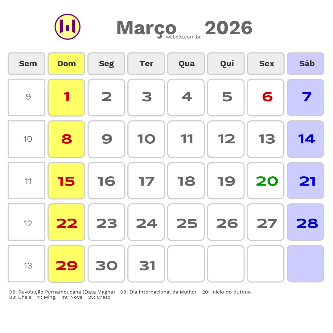Calendário 2026 - Março - Tacaimbó-PE com feriados e fases da lua