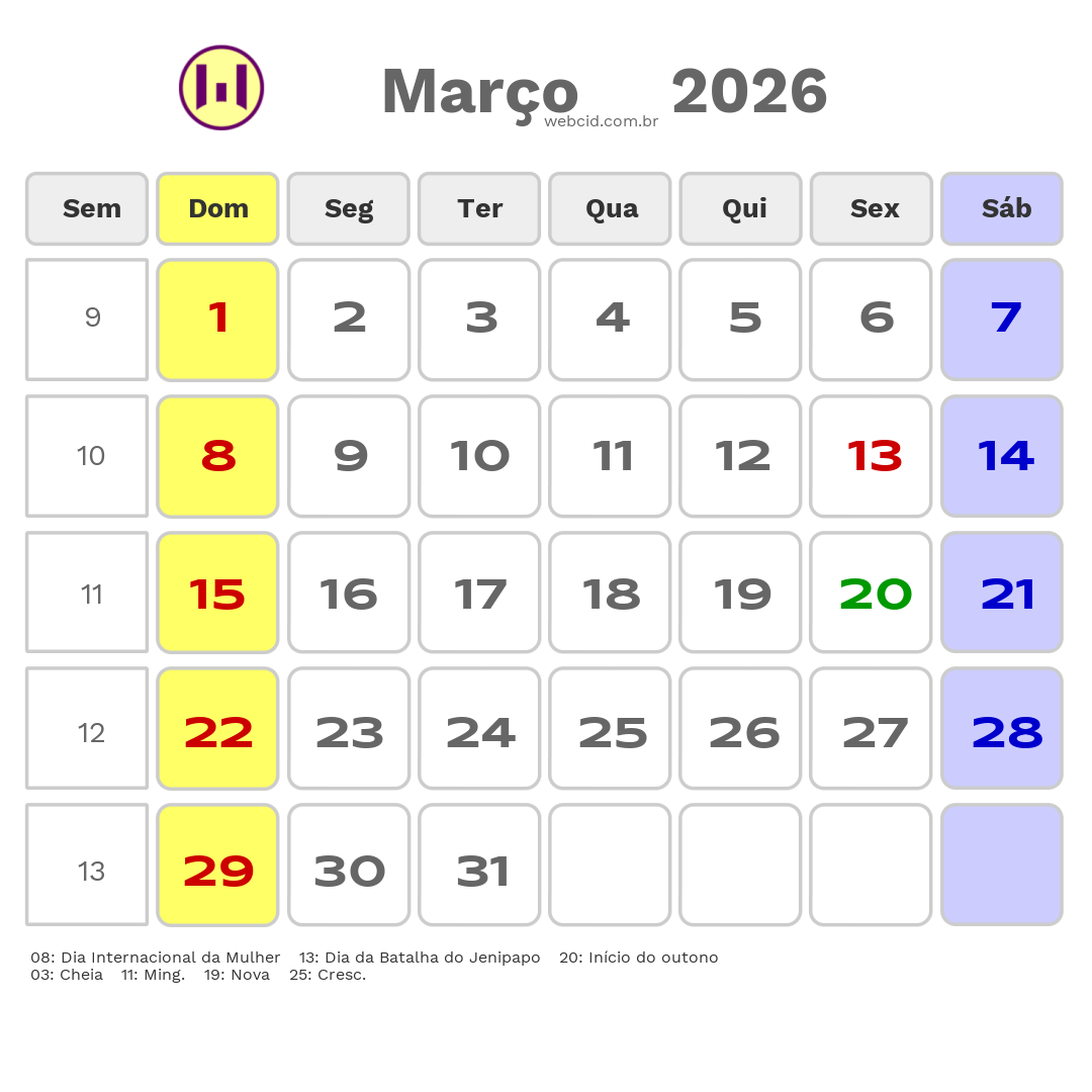 Calendário 2026 - Março - Picos-PI com feriados e fases da lua