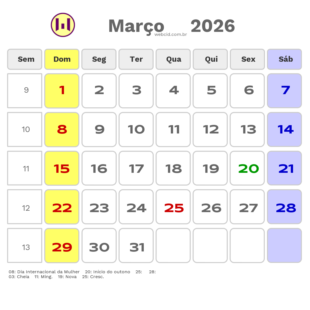 Calendário 2026 - Março - Alto do Rodrigues-RN com feriados e fases da lua